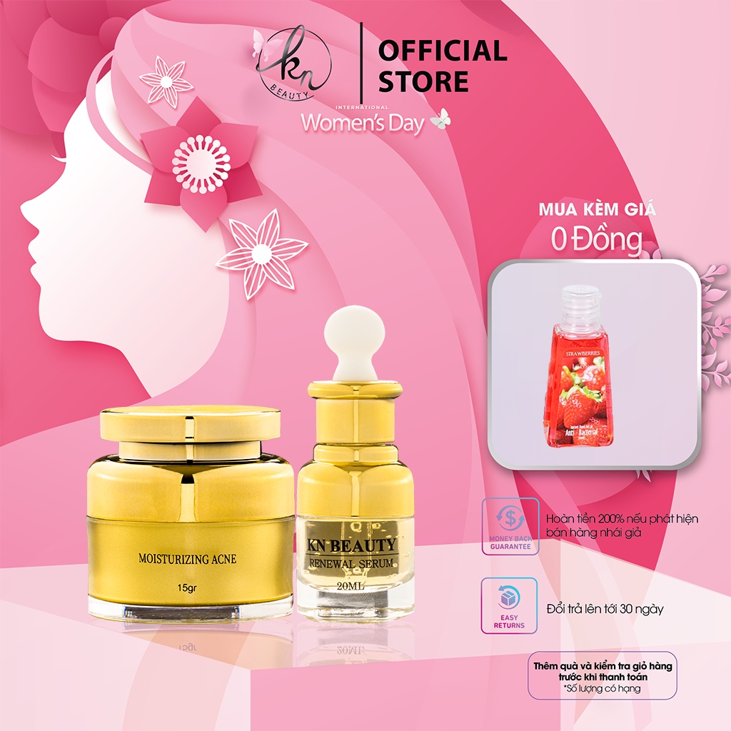 Combo 2 sản phẩm Ngừa mụn Giảm thâm Kn Beauty: Serum 30ml +kem dưỡng 25gr tặng son môi + gel rửa tay Lamcosme