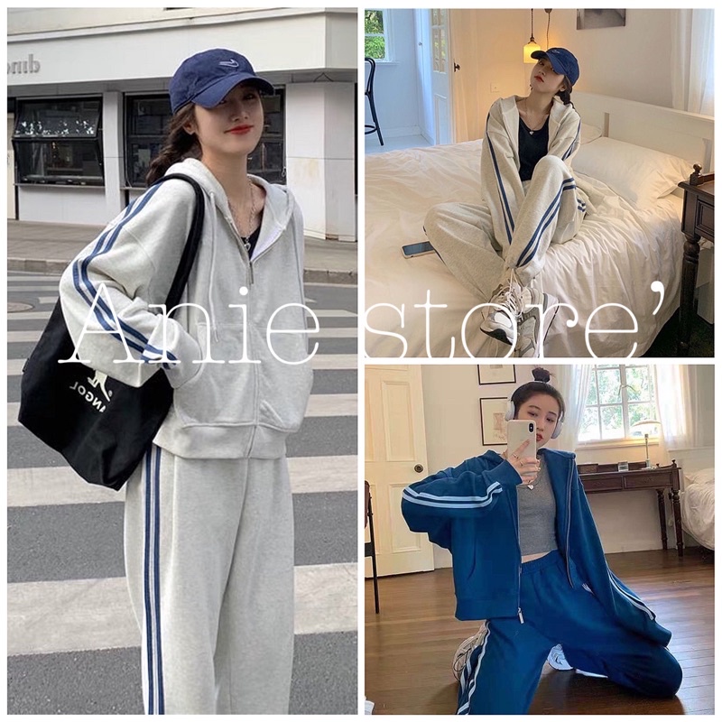 Bộ Nỉ Dài Tay Thể Thao Chạy Sọc 🦋 Set Nỉ Unisex Nam Nữ Dáng Dài 2 Màu 🦋