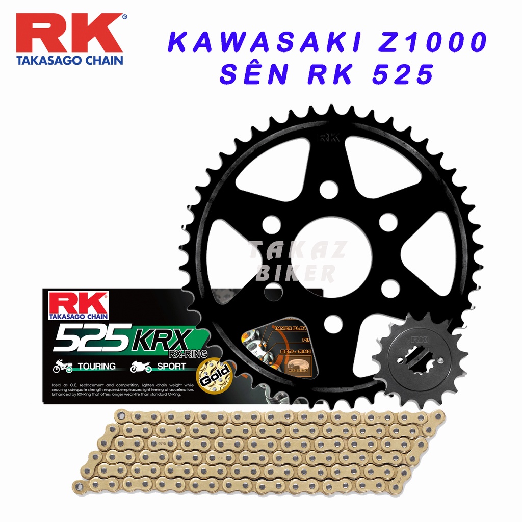 RK CHAIN - NHÔNG SÊN DĨA KAWASAKI Z1000 - SÊN KRX X-RING VÀNG