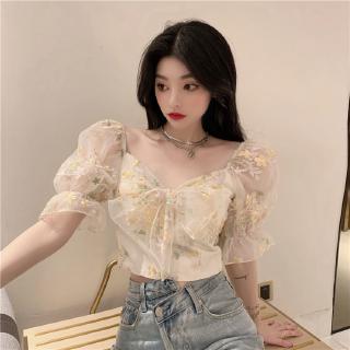 Áo Croptop Cổ Vuông Tay Phồng Phối Lưới Phong Cách Hàn Quốc