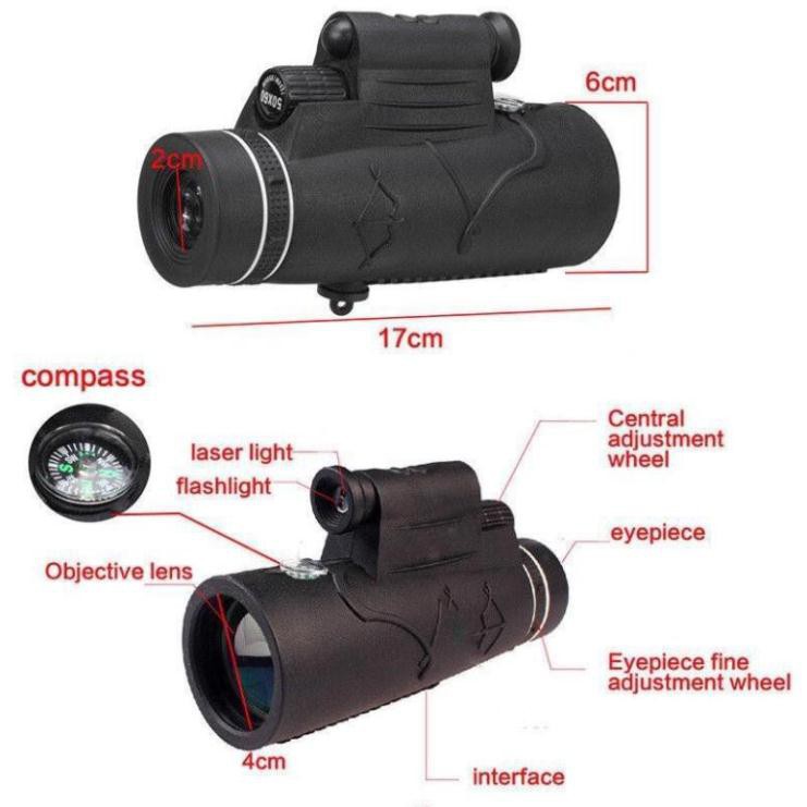 HÀNG CAO CẤP -  Ống nhòm một mắt Kính Viễn Vọng gắn điện thoại Zoom  50*60 Có Đèn Lazer Hồng Ngoại Hỗ trợ nhìn trong đêm