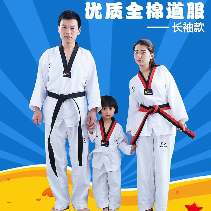 Quần áo Taekwondo trẻ em người lớn cotton dài tay Đồng phục đường trường mùa hè karate và đai túi ngắn đi