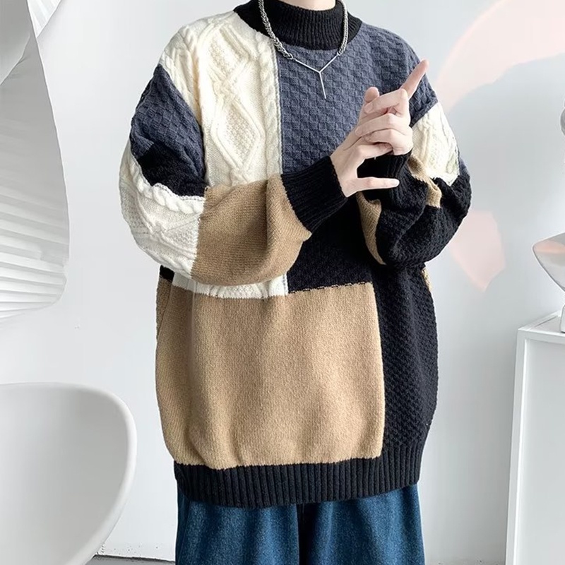 Áo sweater Dệt Kim Cổ Tròn Màu Sắc Tương Phản Phong Cách Hong Kong Cho Nam