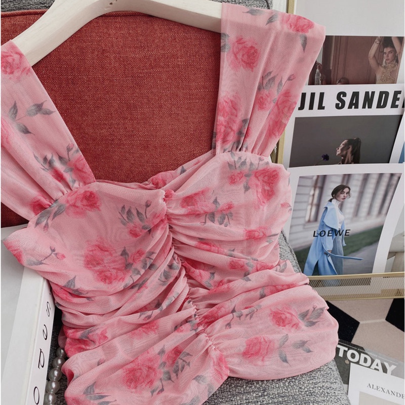 Áo Hai Dây Cổ Vuông Họa Tiết Hoa Thiết Kế Mới Thời Trang Cho Nữ