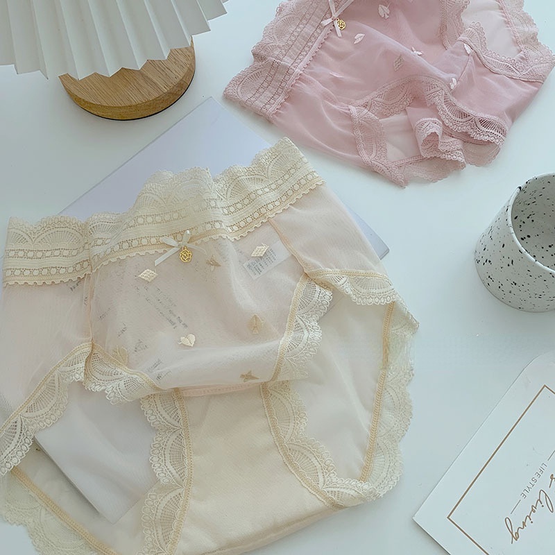 Quần Lót Cotton Phối Ren Lưới Siêu Mỏng Lưng Cao Không Đường May Họa Tiết Thêu Xinh Xắn