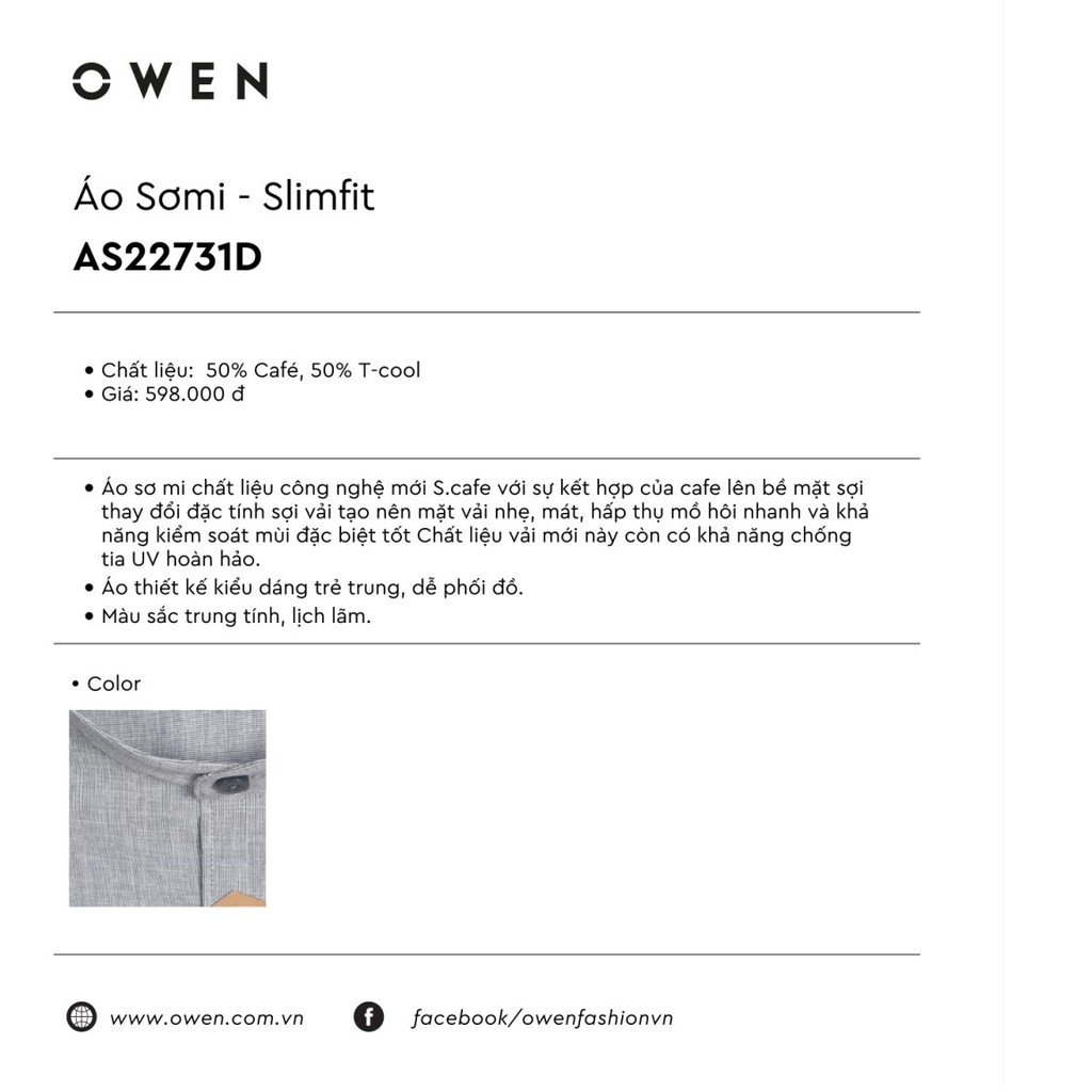 [SIZE 42] OWEN - Áo sơ mi dài tay OWEN SLIMFIT cổ tàu chất cafe 22731