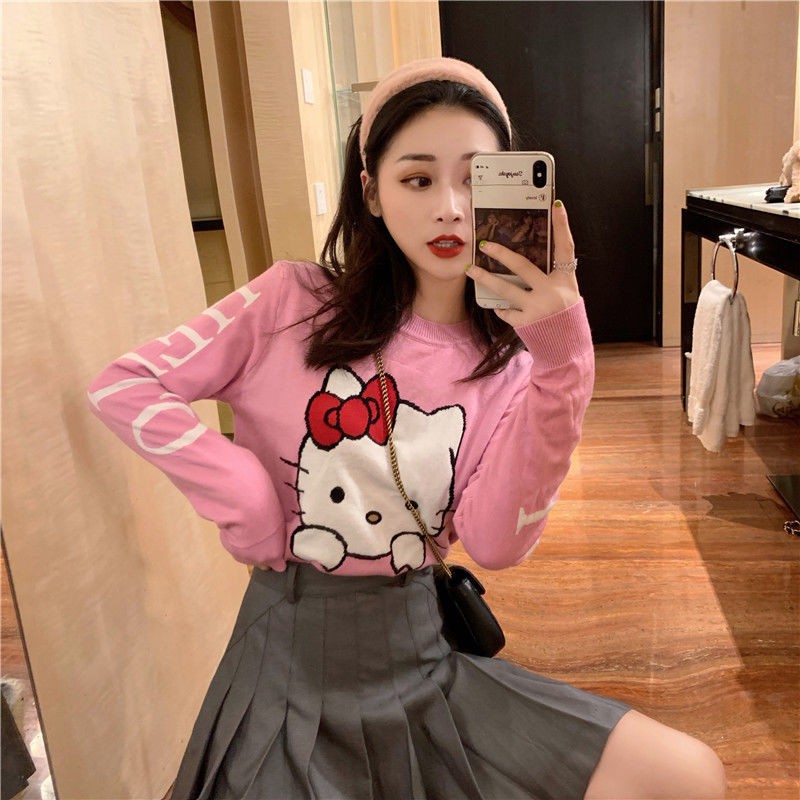 Hellokitty Áo Sweater Tay Dài Cổ Tròn In Hình Hello Kitty Đáng Yêu Cho Nữ