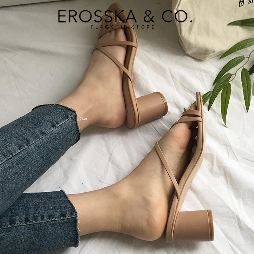 Erosska - Dép cao gót nữ mũi vuông phối dây quai mảnh sang trọng cao 5cm màu nâu - EM092