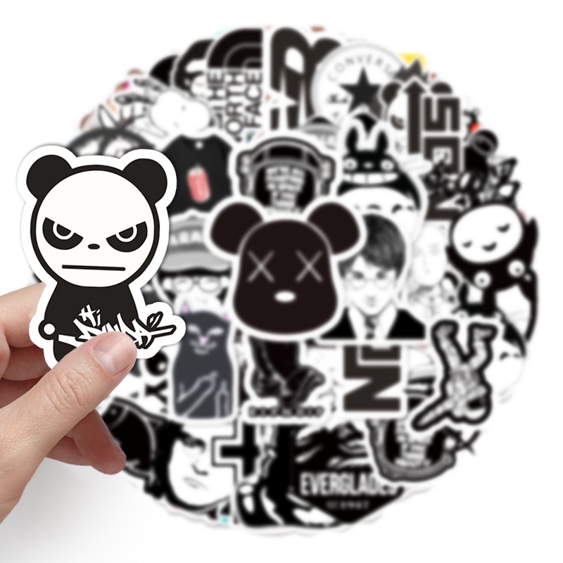 Combo 30 Sticker Chống Nước Decal Dán Điện Thoại Laptop Mũ Bảo Hiểm Vali Guitar Bình Nước Sổ Tay [Hoạt Hình Đen Trắng]