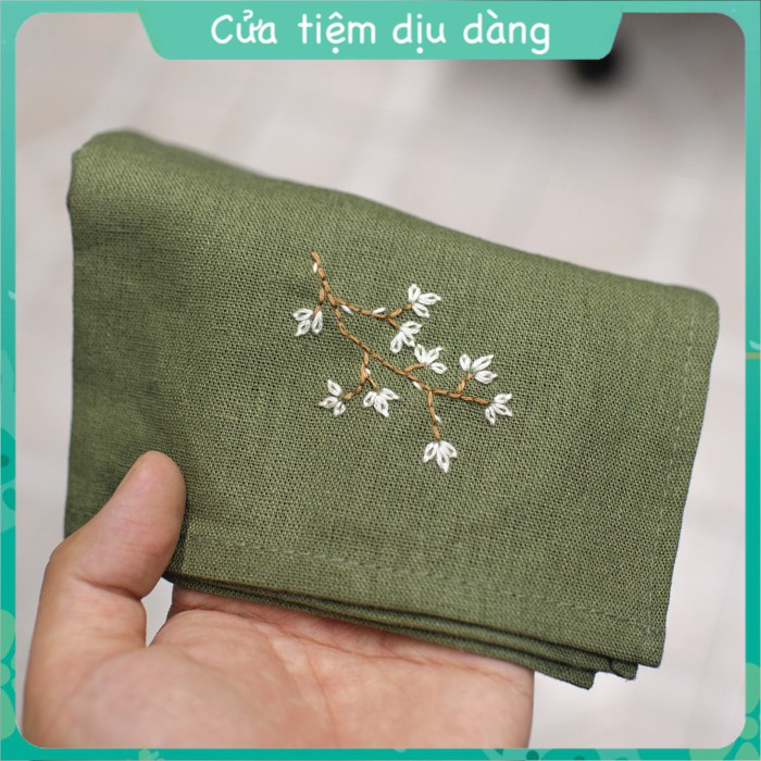 Bộ thêu khăn tay mẫu Lá Non cho người mới bắt đầu - Khăn tay thêu hoa - hàng thủ công