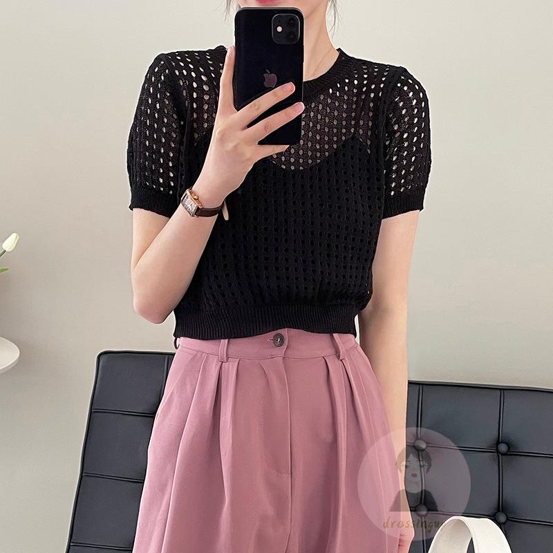 Áo Thun Dệt Kim Tay Ngắn Cổ Tròn Màu Trơn Thời Trang Dành Cho Nữ