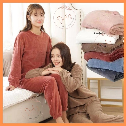 Set Đồ Bộ Lót Lông Cừu Dài Tay Dày Dặn Thêu Chữ Mặc Ở Nhà Mùa Đông Siêu Ám Áp Thoải Mái