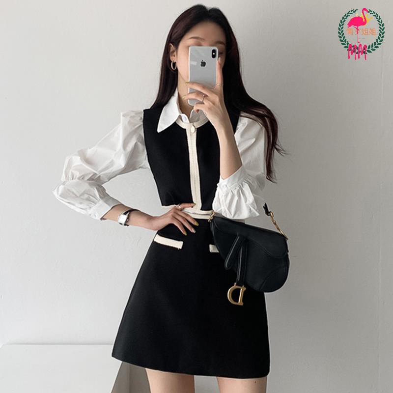 Set Áo Sơ Mi Phối Ghi Lê + Chân Váy Lưng Cao Thời Trang Hàn Cho Nữ | BigBuy360 - bigbuy360.vn