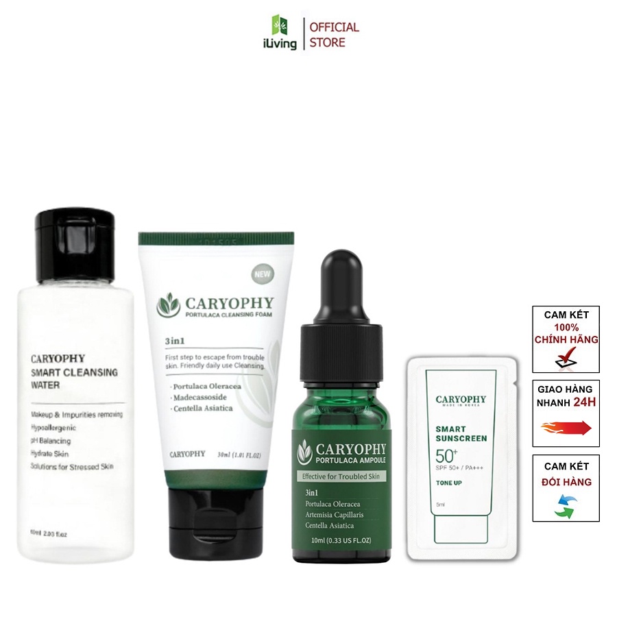 Combo dưỡng da giảm mụn mờ thâm Caryophy ( Nước tẩy trang + Sữa rửa mặt + Serum + Kem chống nắng) ILIVING-CARCBMN