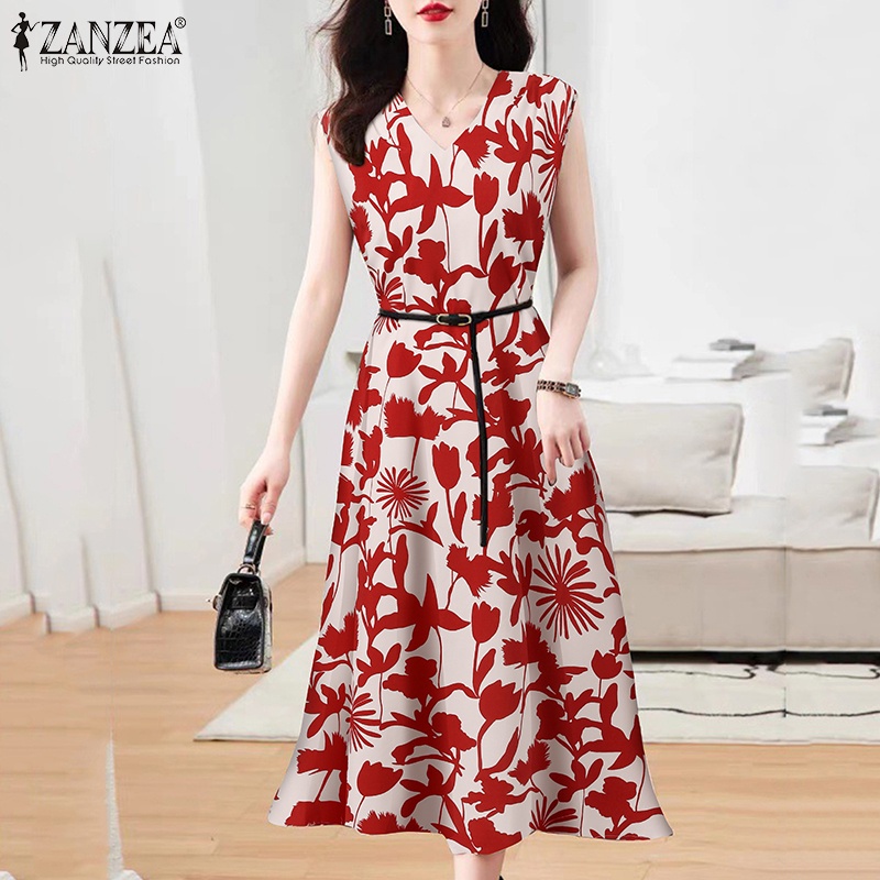 Đầm dài ZANZEA không tay cổ chữ V có túi in họa tiết phong cách thời trang cho nữ
