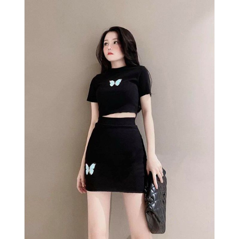 Có VIDEO SET ÁO CROPTOP CHÂN VÁY THÊU BƯỚM - A3ST