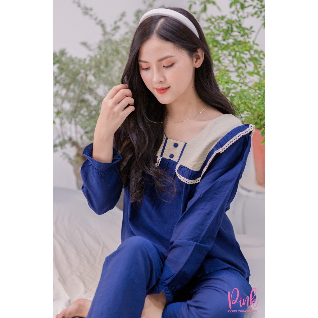 Bộ Đồ Ngủ Pijama Nữ Xanh Dương Vải Đũi Xốp Bộ Mặc Nhà Tay Dài Quần Dài Thoáng Mát Chất Đẹp Cao Cấp Phong Cách Hàn Quốc