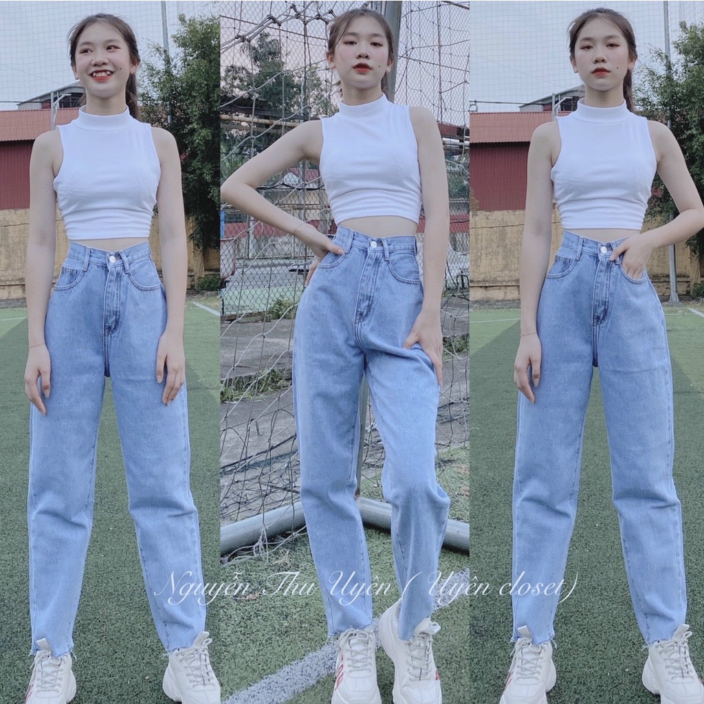 Quần bò nữ cạp cao dáng baggy đẹp phong cách Hàn Quốc