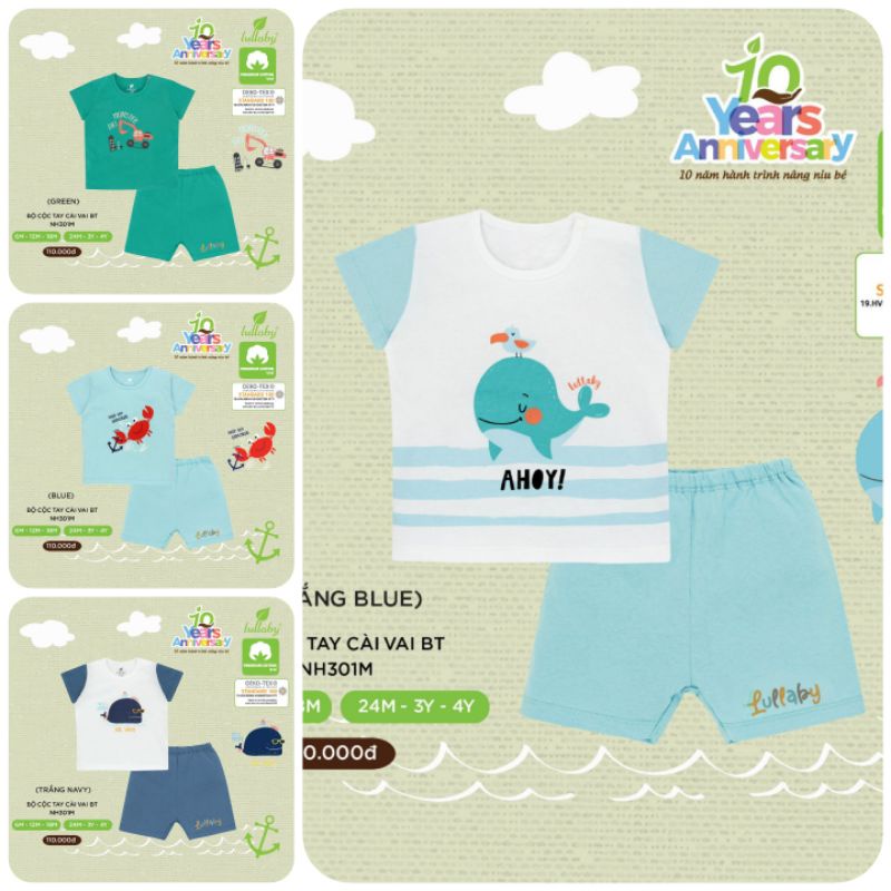 LULLABY - Bộ cộc tay cài vai cotton đi học, đi chơi cho bé trai NH301M