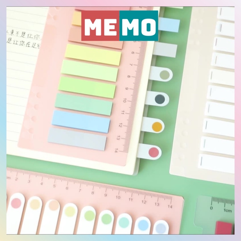 Giấy ghi chú, đánh dấu trang MEMO, bộ 200 giấy chặn trang kèm thước màu neon