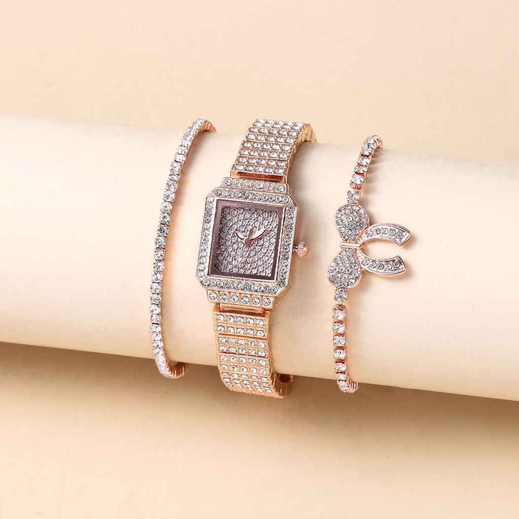 Set 2 Đồng Hồ Đeo Tay Mặt Vuông Đính Đá Sang Trọng Hợp Thời Trang