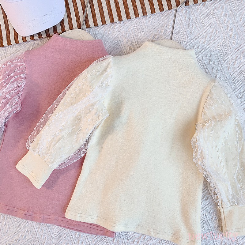 Áo dài tay cổ cao phối lưới họa tiết chấm bi phong cách Hàn Quốc xinh xắn dành cho bé gái