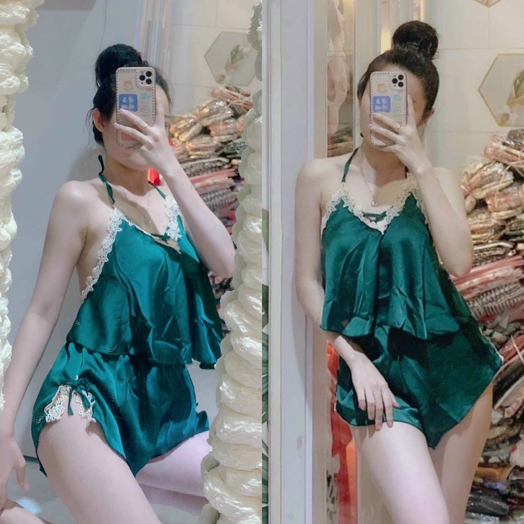 Set đồ ngủ 2 dây phối ren vàng vải satin lụa mềm mại , thoáng mát , họa tiết trơn nhiều màu freesize dưới 57kg.