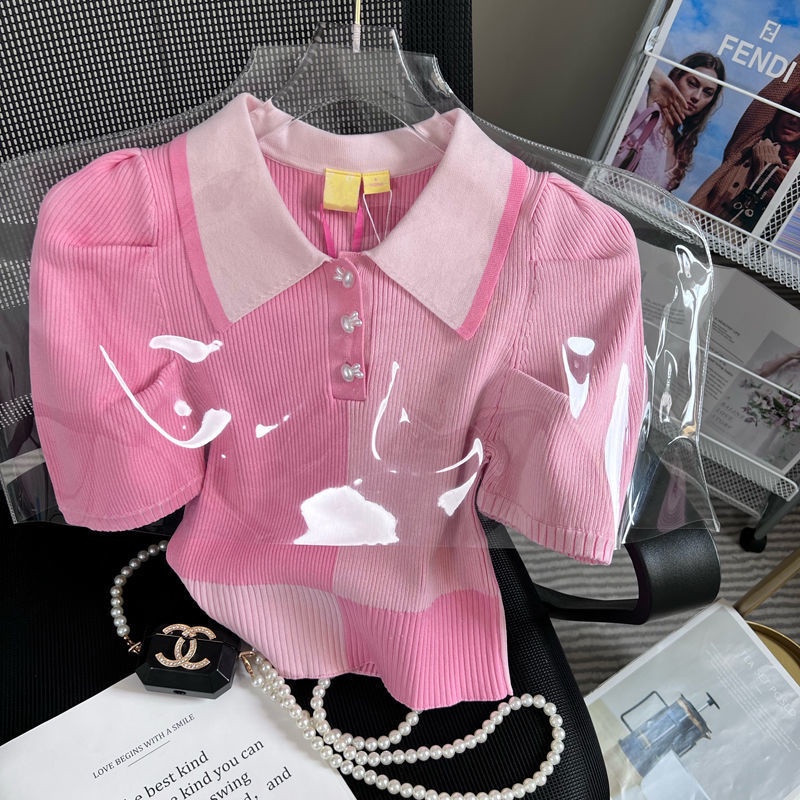 Áo kiểu sweater cổ polo tay ngắn phồng màu hồng kiểu mùa hè 2022 cho nữ
