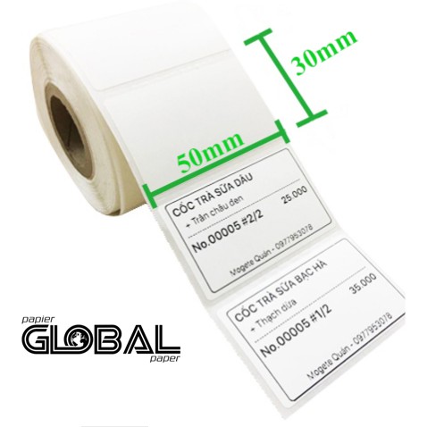 Giấy Decal nhiệt 50x30 mm x 30m, Decal Trà sữa 50x30 mm x 30m (10 cuộn)