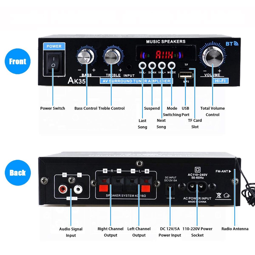 800W Bộ khuếch đại AK35 110-240V Âm thanh trầm có bluetooth Hifi FM