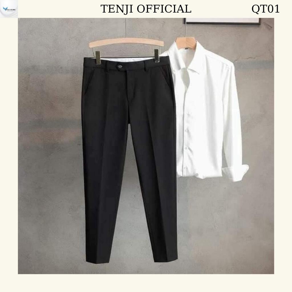 Quần âu nam TENJI đen chất kaki bai tuyết co dãn họa tiết trơn dáng kinny QT01 size (28- 32 +34)