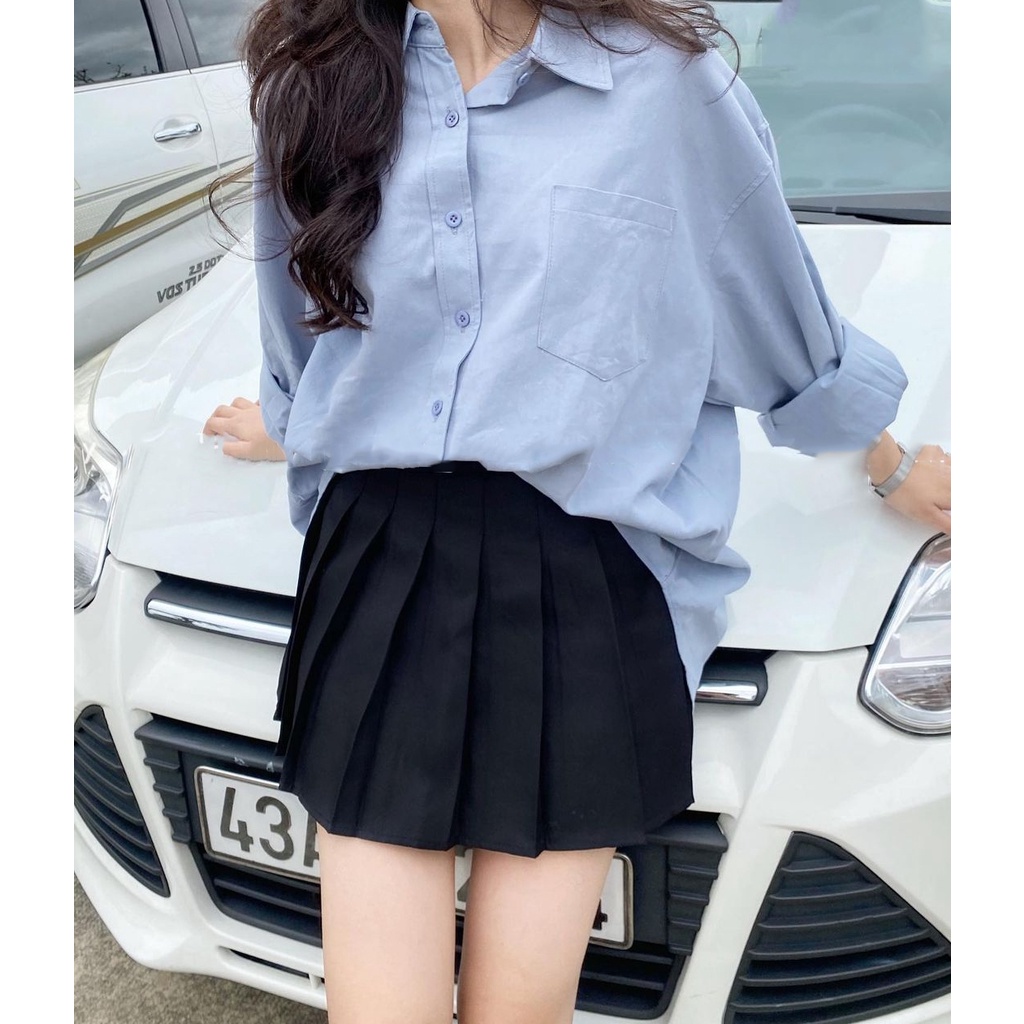 Áo sơ mi túi ngực nam nữ, Áo dài tay trơn form rộng cổ bẻ khuy cài Daski
