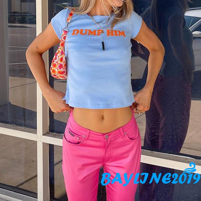 Áo thun dáng ngắn in chữ màu xanh lá vàng/tím/xanh lam nhạt thời trang mùa hè sành điệu cho nữ