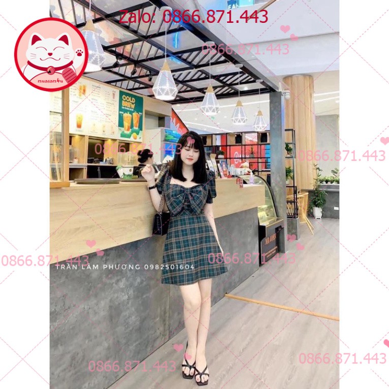 ⚡𝐅𝐑𝐄𝐄𝐒𝐇𝐈𝐏⚡  Đầm kẻ caro màu xanh lá, ngực phối nơ bản to, tay phồng