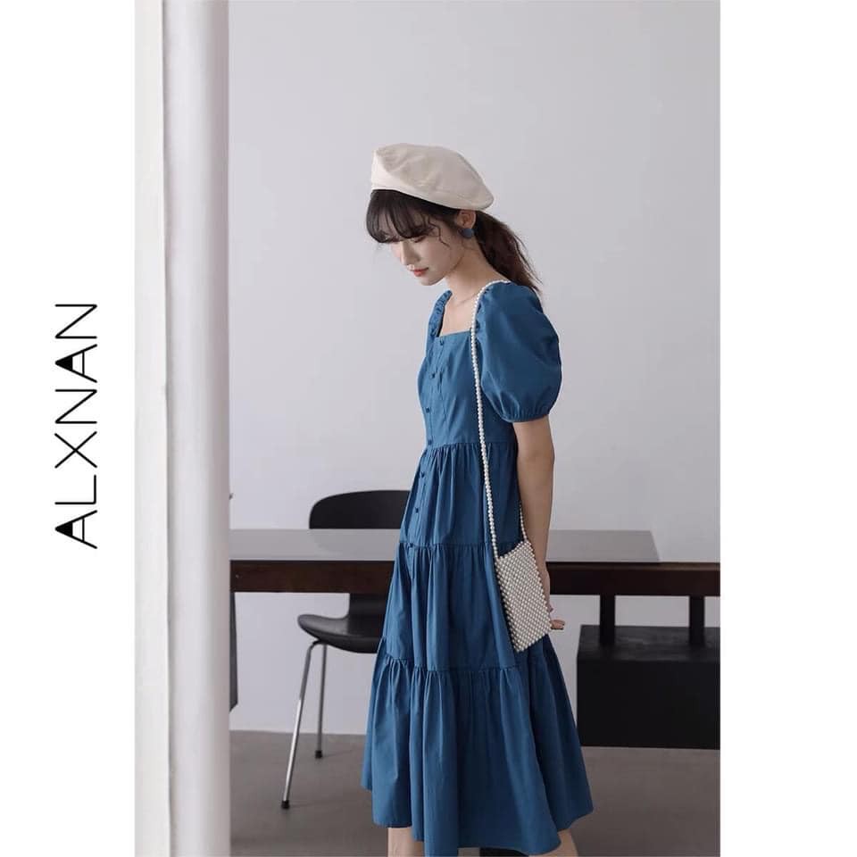 Váy Xanh Dáng Baby Doll Cúc Bọc Kèm Dây Buộc Tóc