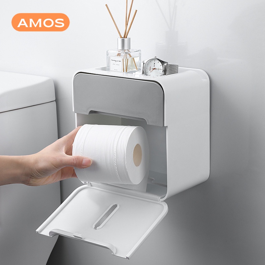 Hộp đựng giấy vệ sinh AMOS để đồ nhà tắm | Kệ để đồ nhà tắm thiết kế 2 ngăn tiện lợi tặng kèm miếng dán
