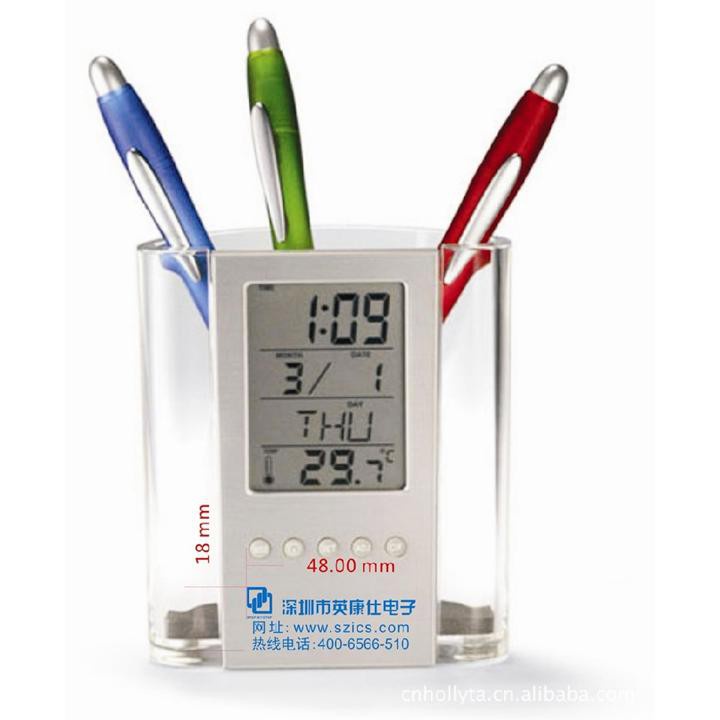 Khay đựng bút có đo nhiệt độ phòng, đồng hồ, lịch kỹ thuật số, để bàn, hộp đựng bút đa năng - hộp trong suốt