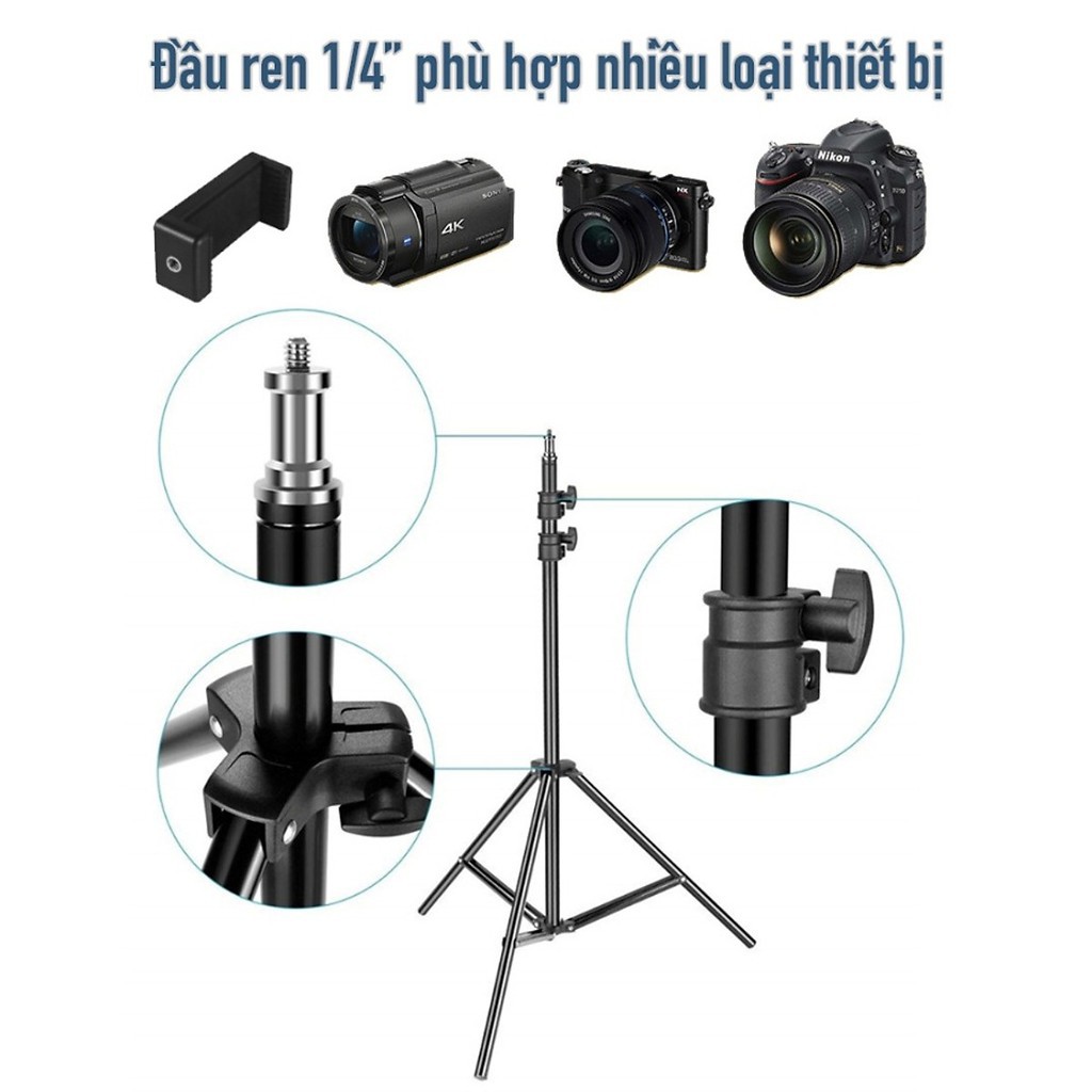 Chân sắt gắn đèn livestream 2 mét tripod 3 chân gấp gọn hỗ trợ quay video