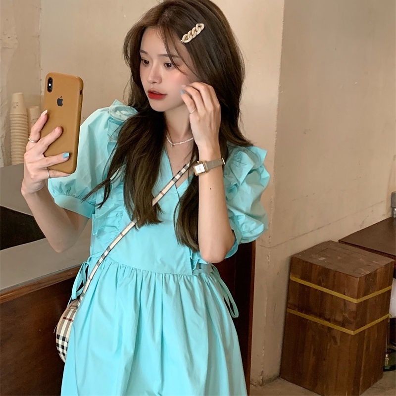 Đầm Mỏng Mùa Hè Tay Phồng Viền Màu Trơn Kiểu Pháp Mới Cho Nữ