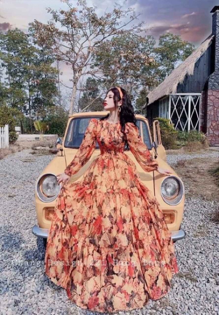 Đầm Maxi Hoa Xòe (SIZE S-M-L) tay dài bo phồng ngực nhúng HÀNG THIẾT KẾ | BigBuy360 - bigbuy360.vn