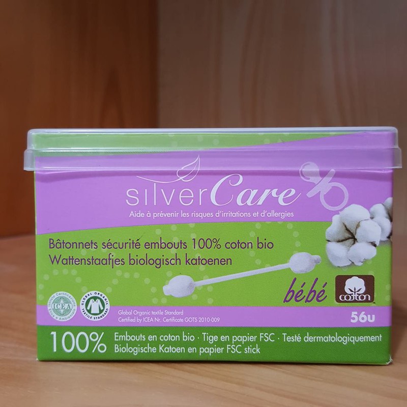 Bông tăm hữu cơ đầu to cho bé Silver care hộp 56 cái