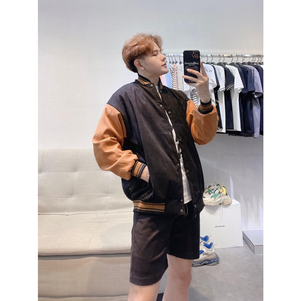 Áo Bomber Varsity Jacket Unisex Chất Liệu Da Lộn Cao Cấp Form Rộng