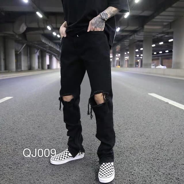 Quần Jean Zip Rách Gối Phong cách - jean co giãn tốt