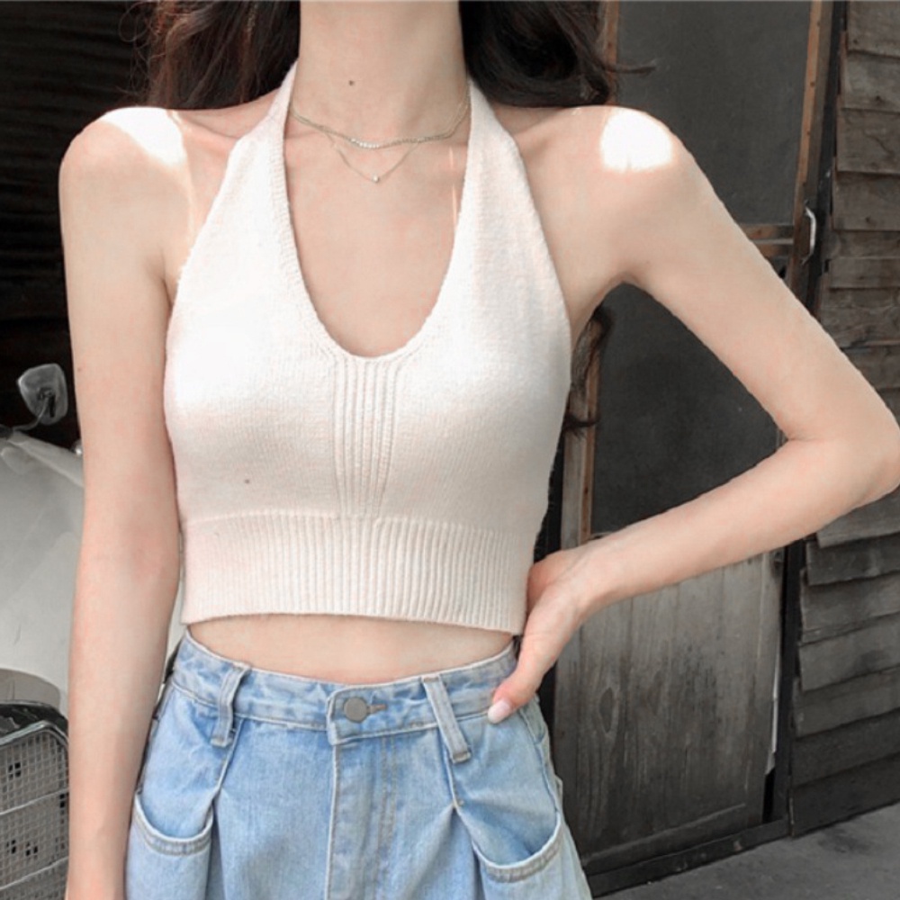 Women Korean Halter Knit Tanks Sexy Slim Solid Tops Summer Casual Soft