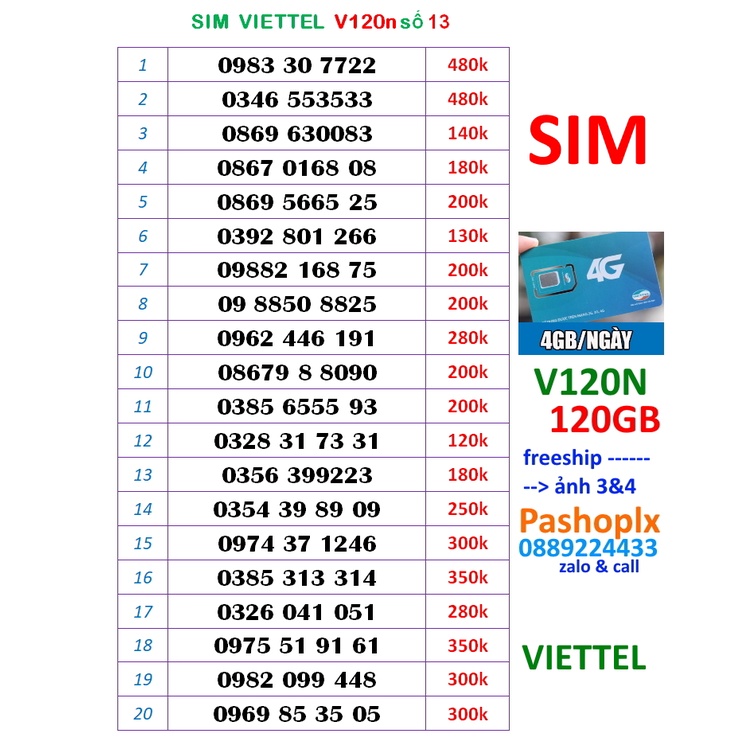 Sim viettel 10 số V120n số 13 (120k = 120gb 1 tháng, nghe gọi miễn phí nội mạng, liên mang)