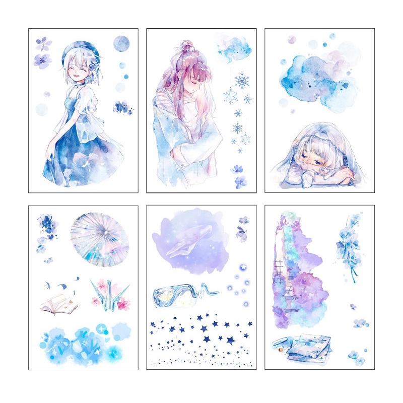 Set 6 tấm sticker hình dán cổ trang màu nước xinh xắn thơ mộng trang trí sổ đáng yêu giá rẻ
