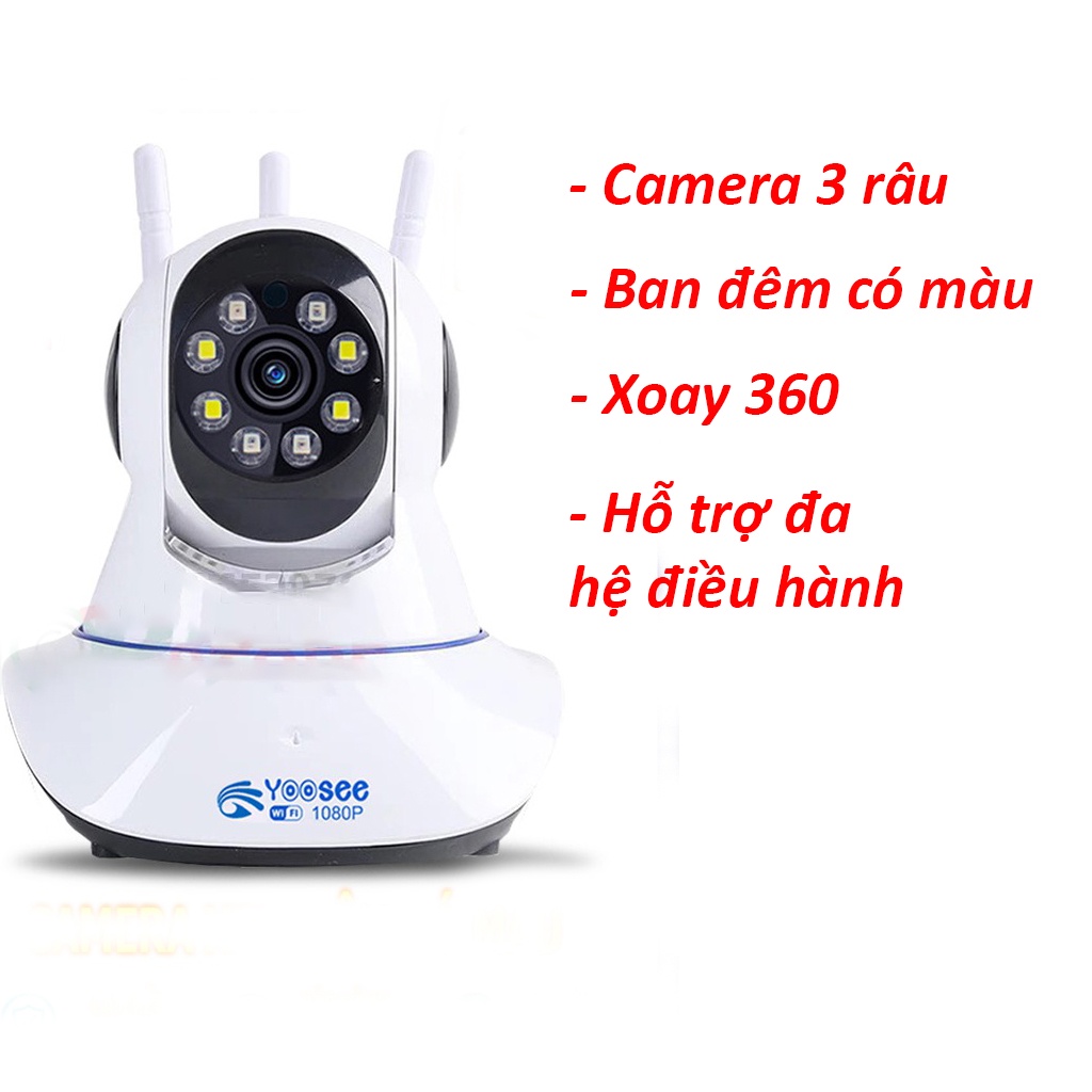 Camera Yoosee trong nhà có màu, xoay 360 độ, Full HD 1080P - Camera 3 râu kèm thẻ nhớ yoosee 32GB | BH 6 Tháng