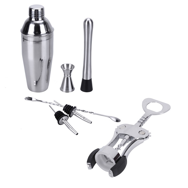 1Pcs Home Kitchen Ware Winged Cork Screw Bottle Opener Sier & 6Pcs 750Ml Stainless Steel Cocktail Shaker Bar Set Wine Martini Drink Mixer Bar/Party Tool Bartender Gifts