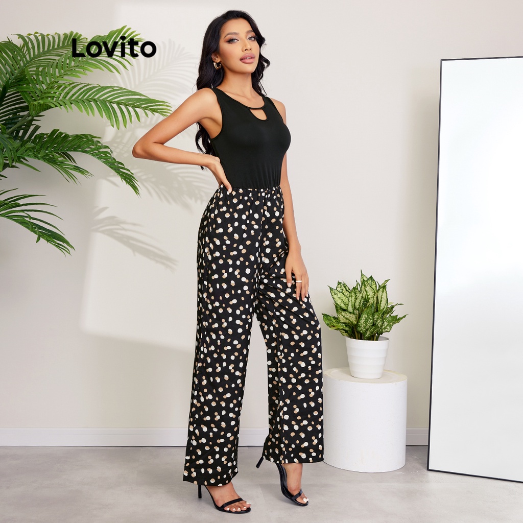 Áo liền quần Lovito hoa văn chấm bi cổ khoét lỗ không tay phong cách thanh lịch L27LD117 (màu đen)