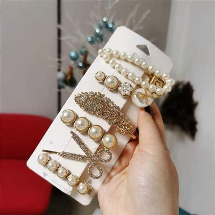 SET 6 CHI TIẾT KẸP TÓC MÁI CHO NỮ ĐÍNH HẠT CHÂU NHÂN TẠO PHONG CÁCH
